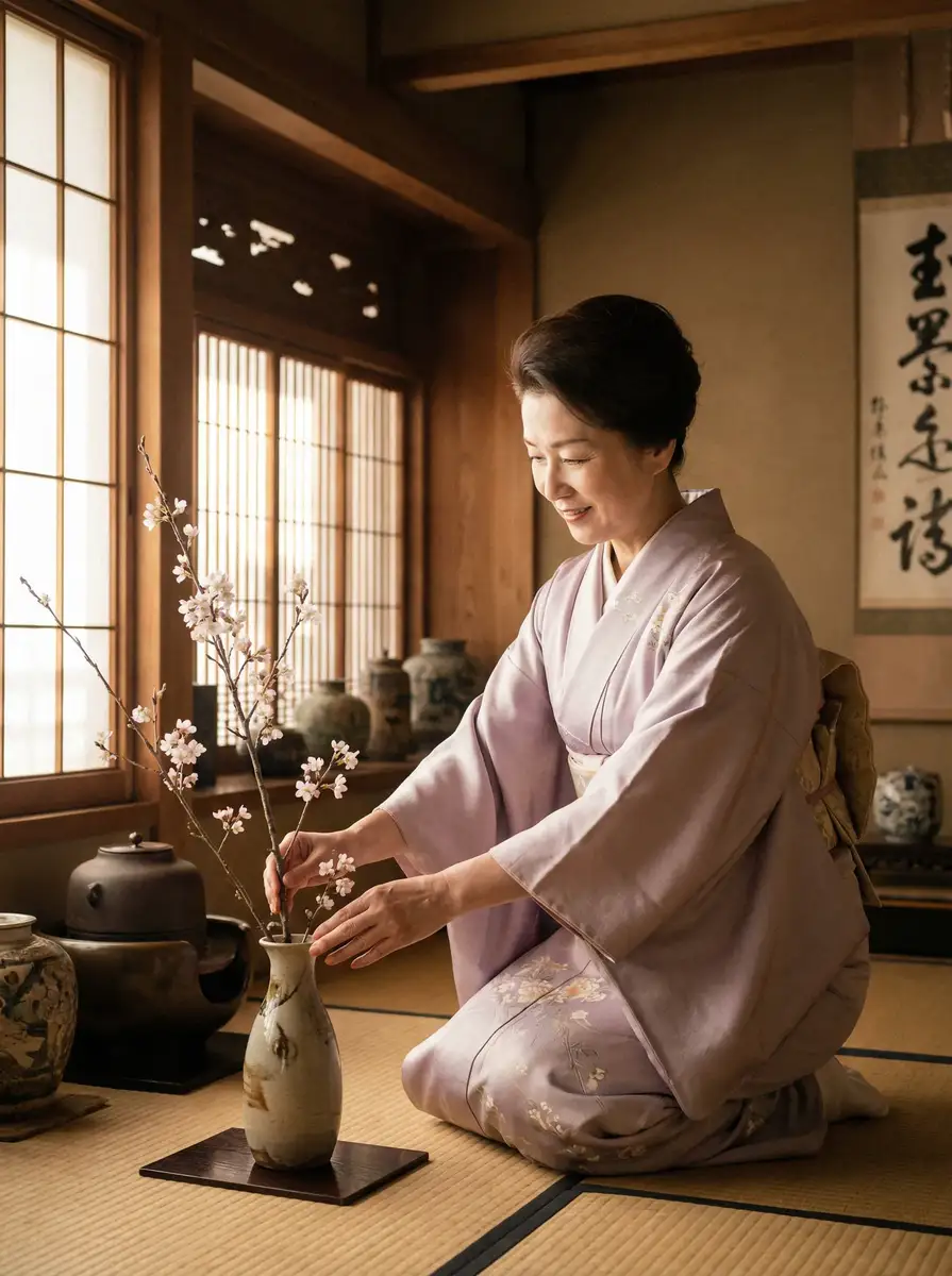 一位优雅的 彩世界平台 在和室中插花