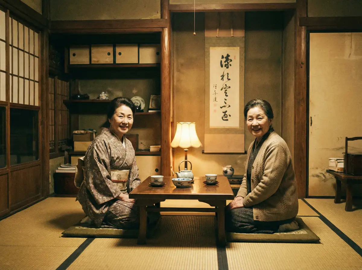 两位优雅的 彩世界平台 在日式茶室中品茶交谈